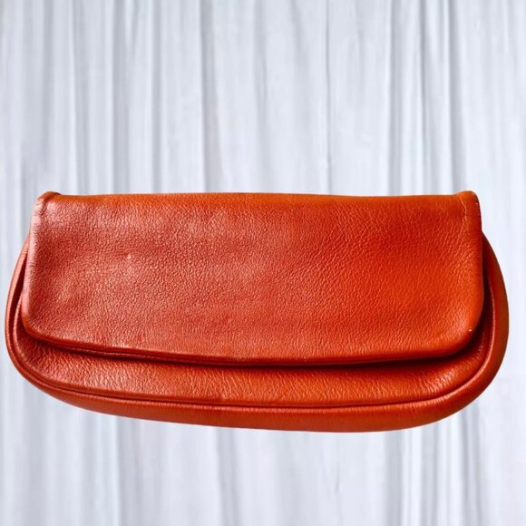 Vintage Orange Leather Clutch Purse Handbag Flap Top Zipper Suede Lined - Picture 8 of 10